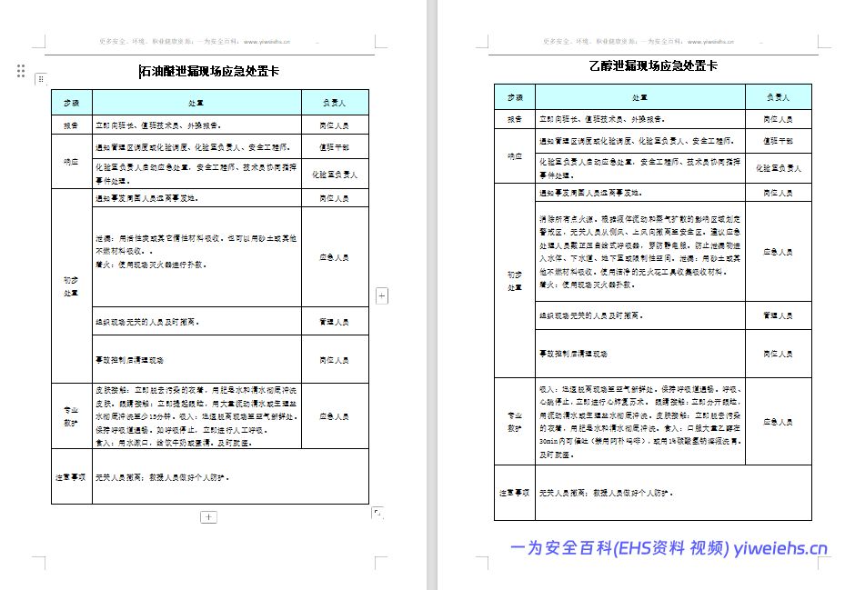 【Word】安全生产应急处置卡模板(危化品泄漏)